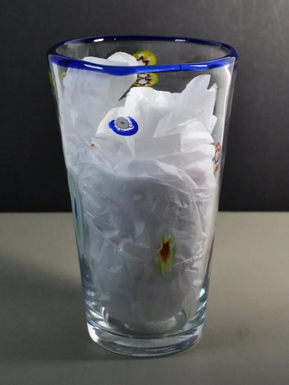 Millefiori Art Glass Tumblers Cobalt Blue Rim Floral Cane Set of 2